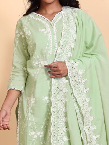 Image of ishin Thread Work Straight Kurta With Pants and Scalloped Schiffli Dupatta