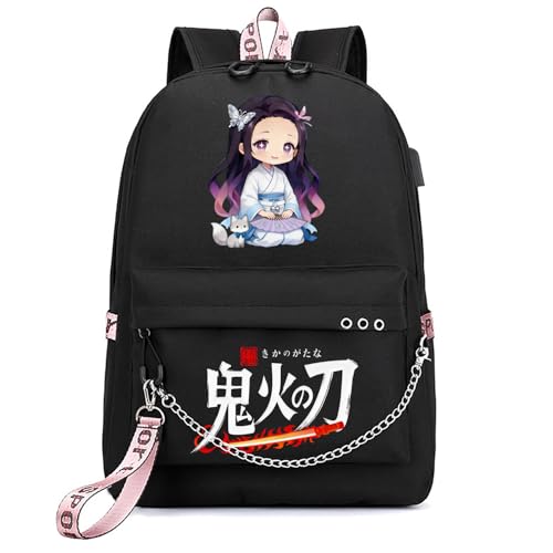 ZJYJING Anime Backpack for School Laptop Backpack with USB Port, Casual Travel Casual Daypack for Teens Girls (Black-T)