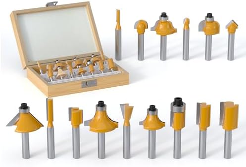 15PCS Router Bits Set 1/4 Inch Shank - Tungsten Carbide Woodwork Tools with Wood Case for Beginners, Doors, Cabinets, Shelves DIY Projects