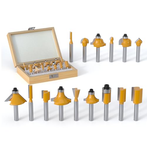 REKCKRUL 15PCS Router Bits Set 1/4 Inch Shank - Tungsten Carbide Woodwork Tools with Wood Case for Beginners, Doors, Cabinets, Shelves DIY Projects