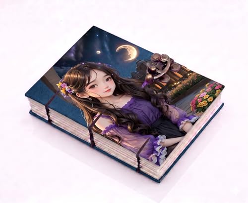 Image of URBAN UNFOLD Dreamy Moonlit Anime Girl Journal - A5 Handmade Fantasy Diary with Antique Metal Lock, 200 Unruled Pages, Hardcover Hand-Stitched Notebook for Creative Writing, Sketching & Doodling