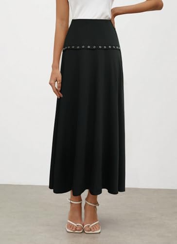 Womens Maxi A Line Elastic High Waist Skirts 2025 Trendy Eyelets Comfy Flare Long Skirts4