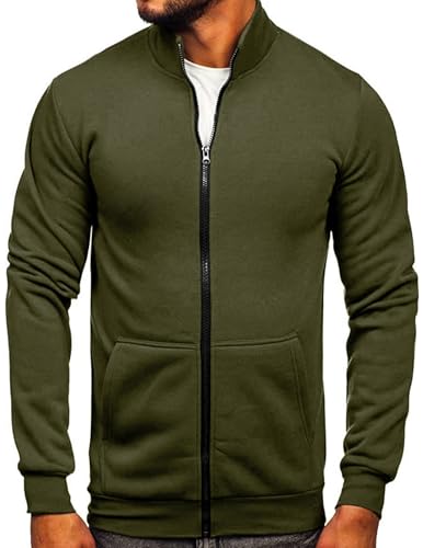 Rodawu Mens Fleece Jackets Full Zip Jumpers Long Sleeve Tops Lightweight Casual Jacket No Hood Sweatshirt Green