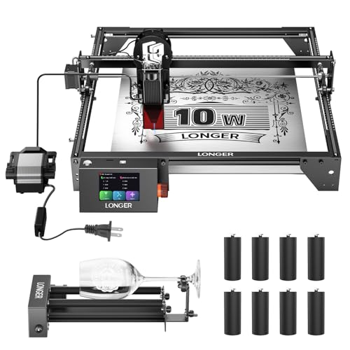 Longer RAY5 10W Laser Engraver with Air Assist Kit, Rotary Roller kit, and 8 Pcs Raiser, High Precision Laser Cutter and Engraver for Wood, Metal, Acrylic, Cylindrical Objects, Tumblers