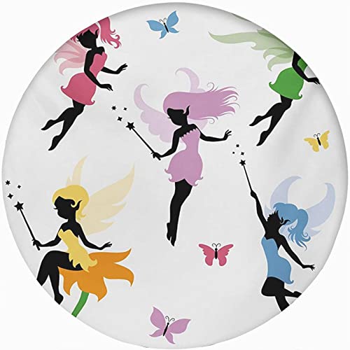 Fantasy Round Fitted Tablecloth Cover,Cute Pixie Spirit Elf Fairies Flying