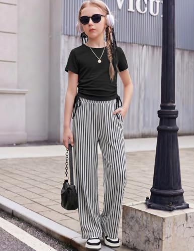 Image of Arshiner Girls 2 Piece Outfit Ruched Drawstring Tops and Wide Leg Pants Set