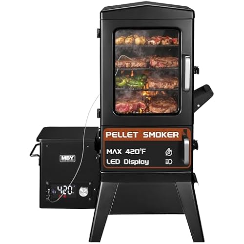 Electric Pellet Smoker with Rainproof Cover, Vertical Wood Pellet Smokers Grill With Hook Meat Probe LED Display Temperature Control