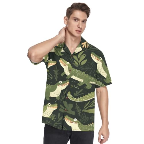 Chemise Hawaïenne Homme Alligators Olive Manches Courtes Funky Casual Réf Naturel