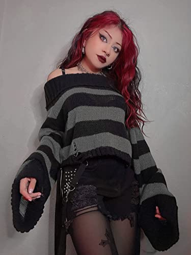 Women's Sweater Striped Drop Shoulder Ripped Sweater Sweater for Women (Color : Gray, Size : Large)