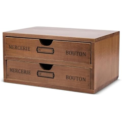 Flexzion Wooden Desktop Office Supplies Organizer with 2 Storage Drawers Set, 2-Tier Wood Tabletop Cabinet, Countertop Desk Accessories Box, for Home Workspace Counter Vanity Decor Art Craft Tool Mail Cover