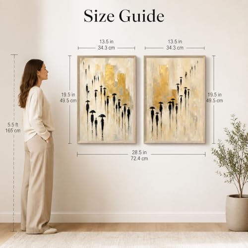 Image of Livin'luxe Set of 2 Umbrella People Abstract Wall Photo with Frame for Living Room Bedroom Study Office Decor, Premium Wooden Synthetic Frame Luxury Artwork Gift