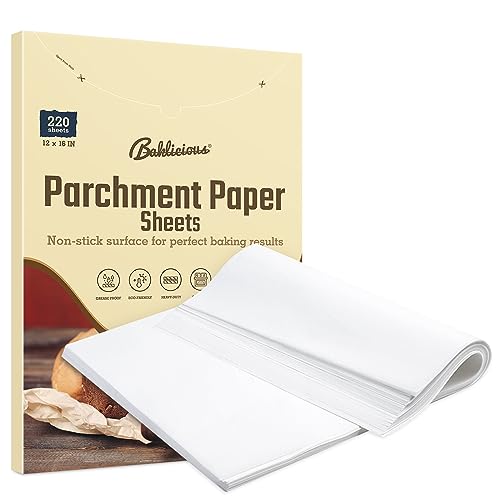 220 Pcs 12x16 In Parchment Paper Sheets, Baklicious Pre-cut Non-Stick Parchment Baking Paper for Air Fryer, Oven, Bakeware, Steaming, Cooking Bread, Cupcake, Meat, Cookies