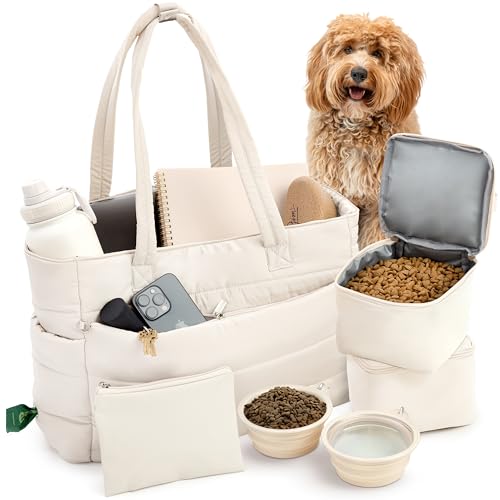 rubyloo Puffer Dog Travel Bag for Dog Moms Doggy Diaper Bag with Pet Bowls & Food Storage or Everyday Puffy Tote Doggy Mom Gifts for Women Lightweight Travel-Ready Gift for Pet Lovers Beige