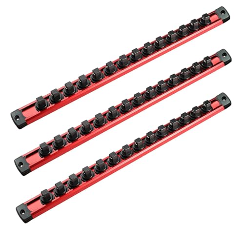 ACEBON Magnetic Socket Organizer Set 3 Pack 3/8 Aluminum Socket Rails Heavy Duty Magnetic Socket Holder for Tool Box Garage Workshop Holds 42 Sockets