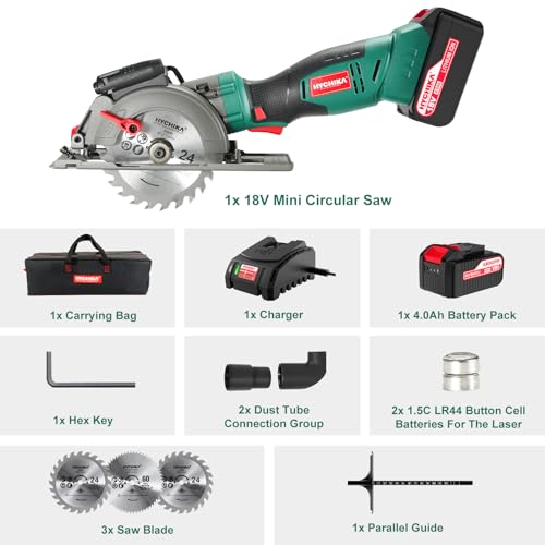 HYCHIKA Cordless Circular Saw, 18V Mini Circular Saw with 4.0Ah Battery, 3 Blades(4-1/2",4-9/10"), 3500RPM Max Cuting Depth:90°(48mm)/45°(32mm), Compact Circular Saw for Wood, Plastic and Soft Metal - Image 8