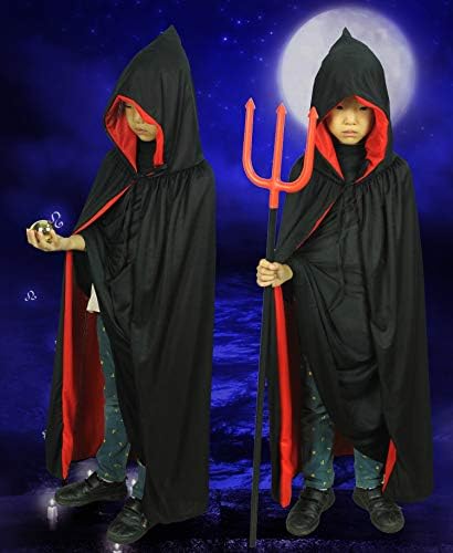 Capa Medieval Reversible Con Capucha - Negro Y Rojo, Para Carnaval, Halloween, Cosplay, Talla 140cm