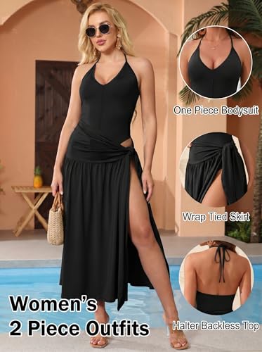 Image of Two Piece Skirt Set Women Sexy Halter Backless Bodysuit and Wrap Tied High Split Summer Maxi Skirt Set