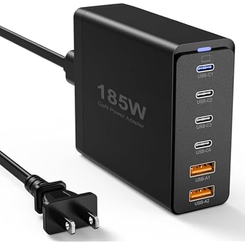 USB-C Charger, 185W GaN 6-Port Fast Charging Station Block, 65W USB C Laptop Charger Block Power Adapter for MacBook Pro/Air,iPad,iPhone 14,13,12 Pro Max,Samsung Galaxy S23(Black) Cover