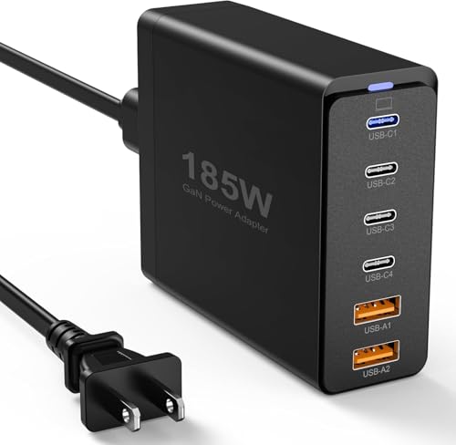 USB-C Charger, 185W GaN 6-Port Fast Charging Station Block, 65W USB C Laptop Charger Block Power Adapter for MacBook Pro/Air,iPad,iPhone 14,13,12 Pro Max,Samsung Galaxy S23(Black)