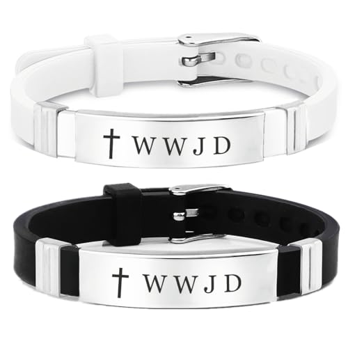 WWJD Bracelet Set for Men Women,2Pcs Stainless Steel Adjusted Silicone What Would Jesus Do Bracelets Inspirational Religious Reminder Jewerly Gift for Him Her
