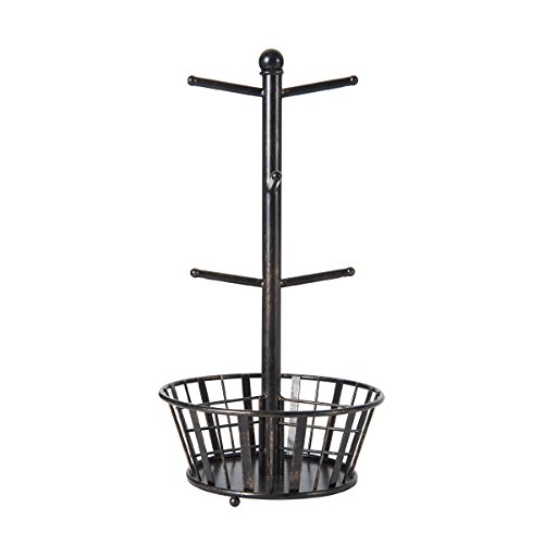 Gourmet Basics By Mikasa Band And Stripe Metal 6-Cup Mug Tree With Storage Basket, Black #TOP1