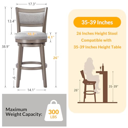 PrimeZone Swivel Bar Stools Set of 4, 26 Inch Counter Height Barstools, High Back Bar Stool with Solid Wood Legs & Wrap-Around Footrest, Counter Stools for Kitchen Island, Pub, Grey