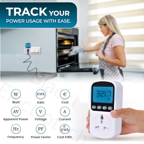 Image of Blackt Electrotech (BT72PM) 2PIN Digital Electricity Usage Monitor Plug - Power Meter with LCD Display for Watts, Voltage, Amps, and Energy Cost Calculation 230 Volt