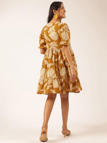 Image of Vbuyz Women's Floral Print Flared Cotton Beige Stitched Dress