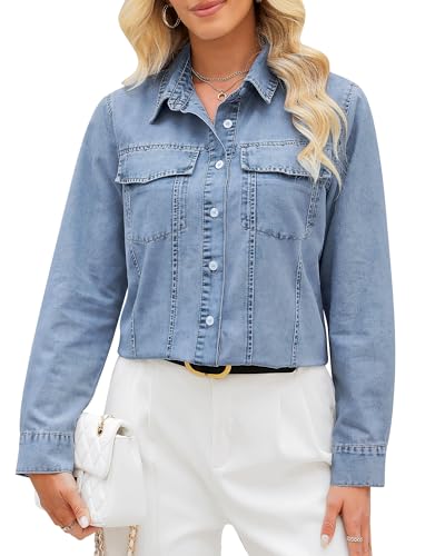 GRAPENT Western Long Sleeve Shirts for Women Fitted Denim Shirt for Women Bay Blue Size Medium US 8 to 10