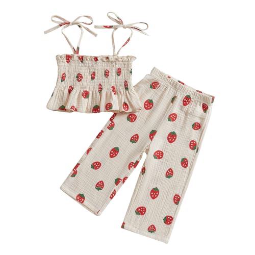 Toddler Baby Girl Strawberry Outfit Cotton Linen Sleeveless Ruffle Crop Tops Pants Set 2Pcs Cute Summer Clothes