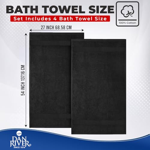 Image of DAN RIVER Bath Towels Set of 4, 27 x 54 Inches, 100% Cotton, Larger & Lighter Weight, Quicker to Dry, Super Soft and Absorbent, Ideal Black Bath Towels for Daily Use
