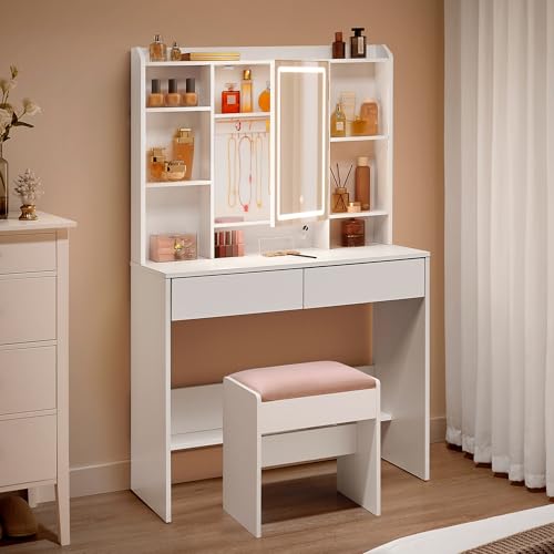 VASAGLE Kailyn Collection - Coiffeuse avec Miroir LED et Tabouret, 3 Couleurs, Luminosité Réglable, Table de Maquillage, Grand, Étagère Réglable, 2 Tiroirs, Style Moderne, Blanc RDT723W01