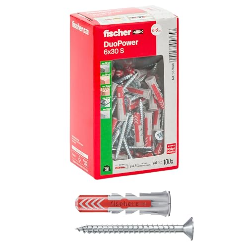 Fischer 100 x Dübel mit Schraube DuoPower 6 x 30 mm für Mauern Lochstein Gipskarton 537646