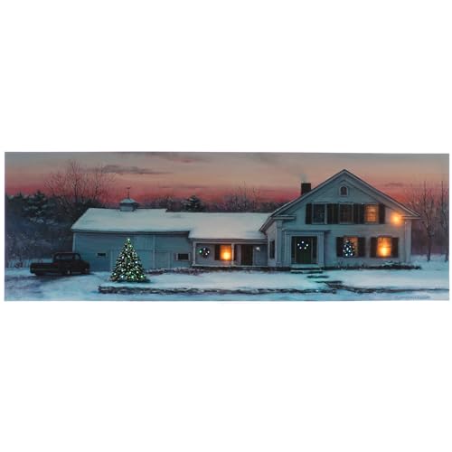 Image of Large Christmas House Winter Scene Lighted Wall Canvas Pictures with Timer, Fiber Optic Light Up Print Pictures for Home Decor, LED Lit Up Painting Ready to Hang, Framed by MDF wood, Run by Batteries