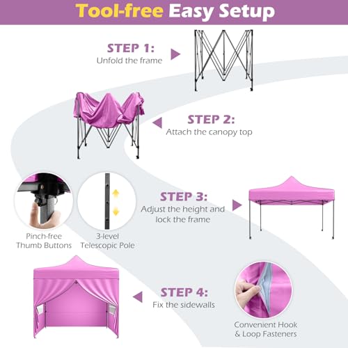 Image of Tangkula 10x10 FT Pop Up Canopy, Outdoor Tent with 4 Removable Sidewalls, Carbon Steel Frame, 4 Sandbags, 8 Stake & 4 Ropes, Wheeled Bag, Portable Canopy Tent for Party Event Camping (Pink)