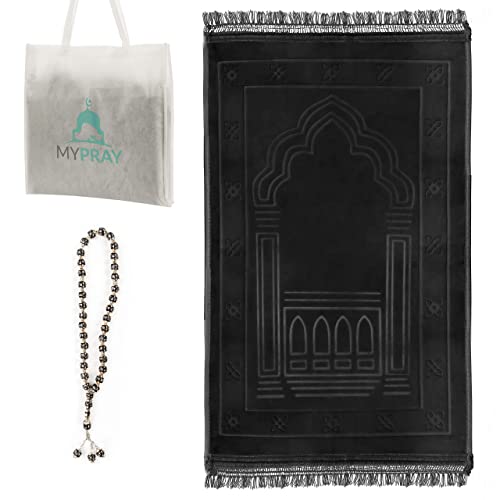 MYPRAY - Gebetsteppich - dick - 3er Set Seccade - mit Tesbih und Tasche (schwarz)