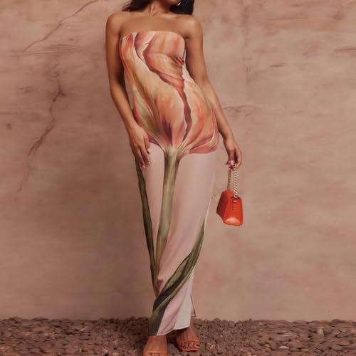 Image of Zwirelz Women Strapless Maxi Dress Boho Floral Print Flowy Long Tube Dress Off Shoulder Loose Beach Sundress