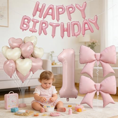 40 Inch Dusty Pink Number 1 Balloon for 1st Birthday Girl, Large Foil Balloon Set with Bow Balloons Happy Birthday Banner Blush Pink Cream Heart Balloons for Girls Boho One Year Old Bday Party Decor by Ifqingram - Used condition - Image 3