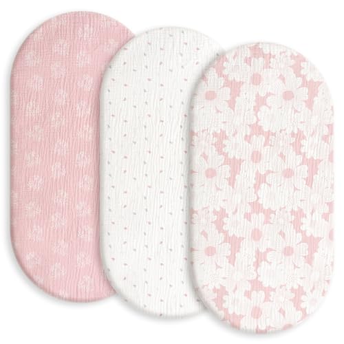 Image of Gllquen Baby Muslin Bassinet Sheets 3 Pack, Breathable Elastic Cozy Fitted Cotton Bassinet Mattress Sheet for Baby Boy Girls, Fit for Hourglass Oval Rectangular Cradle Pad Sheets 33"x17" (Pink)