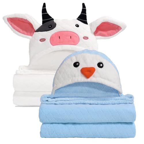 Image of WODHOY Baby Towels with Hood for 1-6, 2-Pack Toddler Bath Towel with Animal Face Soft Absorbent,Premium Coral Fleece Ultra Absorbent Thick Shower Gift for Kids Infant,White Cow &Blue Penguin Set