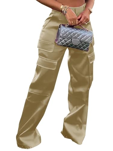 Women's Shiny Satin Cargo Pants Silky Metallic Extra Long Casual Trousers with Multi Pockets