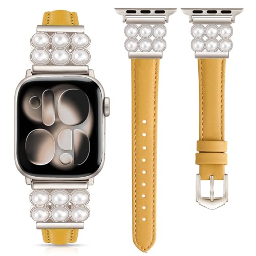 DEALELE Bands Compatible with Apple Watch 42mm 41mm 40mm 38mm, Soft Leather Shining Pearls Strap for iWatch 11/10 / 9/8 / 7/6 / 5/4 / 3 / SE for Women Men, Yellow-Starlight