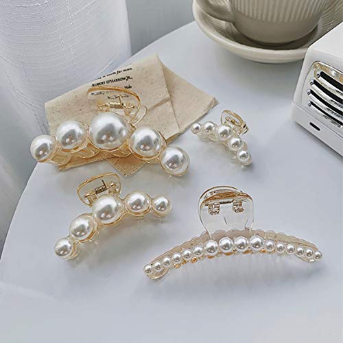 Hair Claw Clips for Women Large Pearl Jaw Clips Fashion Girls Pearl Hair Clips Plastic Hair Catch for Thick or Thin Hair (4 Packs)
