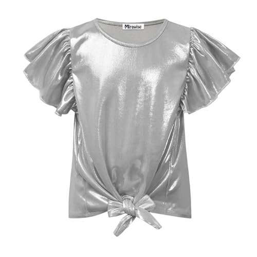 Image of Mirawise Girls Shirts Metallic Tops Clothes Tshirt Ruffle Short Sleeve Tee Size 6-14