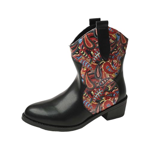 Botines de mujer de gran tamaño moda Patchwork cuero punta puntiaguda tacón cuadrado vaquero botas cortas vintage chic tendencia ligera antideslizante zapatos para mujer, rojo, 41 EU