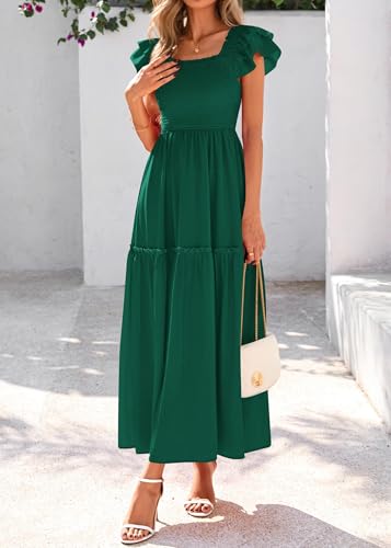 Image of KIRUNDO Smocked Summer Midi Dresses for Women 2026 | Flowy Long Dress, Ruffle Short Sleeve, Square Neck, Pocketed, Sundress for Casual, Church, Wedding Guest, Baby Shower