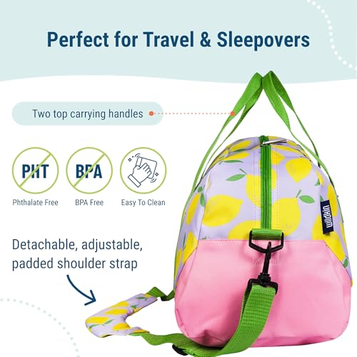 Image of Wildkin Kids Overnighter Duffel Bag - Carry-On Travel Bag for School & Sleepovers, Lightweight, Durable, Boys & Girls Ages 4-15 - Lilac Lemonade