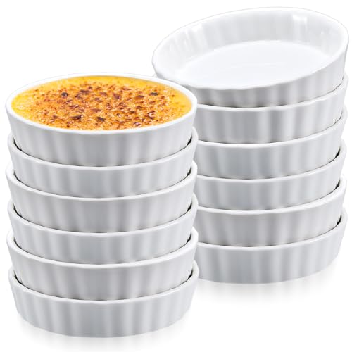 Layhit SHU-LAYHIT-81 12 Pieces 7 Oz Creme Brulee Ramekins Quiche Baking Dish Porcelain Ramekins Tart Pan Round Fluted Quiche Dishes cover