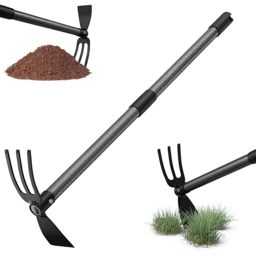 Harrms Zappa da giardino con manico 76 cm, doppia zappa multifunzione con 3 denti in metallo, per allentare, ventilare e diserbare il terreno