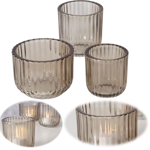 LS-LebenStil 3er Set Teelichthalter Glas Retro Beige 7-9cm Teelichtglas Windlicht Kerzenhalter Teelichtständer Kerzenständer perfekt für Tischdeko, Hochzeiten, Partys & Tischdekoration LS-LebenStil 3er Set Teelichthalter Glas Retro Beige 7-9cm Teelichtglas Windlicht Kerzenhalter Teelichtständer Kerzenständer perfekt für Tischdeko, Hochzeiten, Partys & Tischdekoration